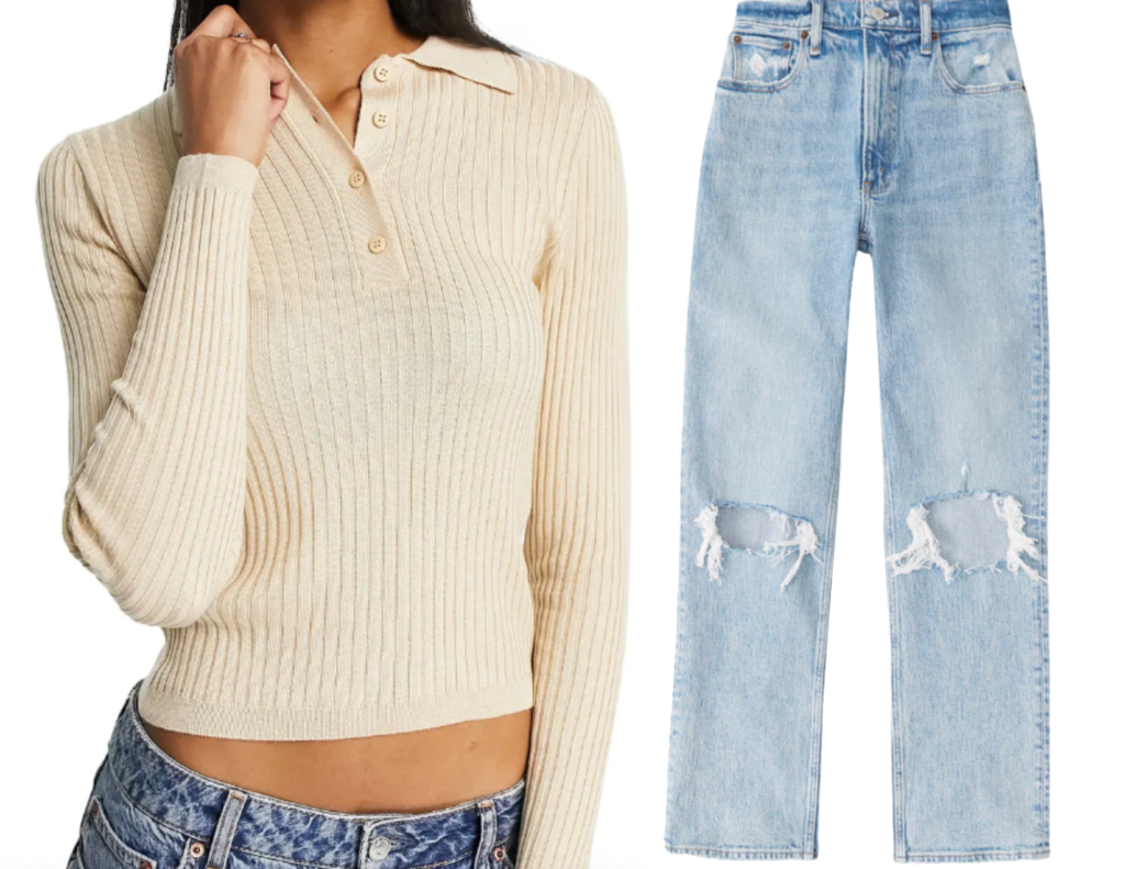 Sweater with 90s high-waisted jeans