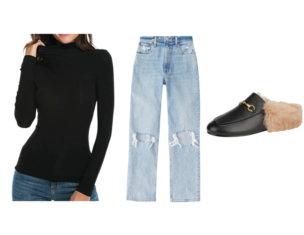 Black Long Sleeve Mock Turtleneck Top with High Rise Ripped Jeans