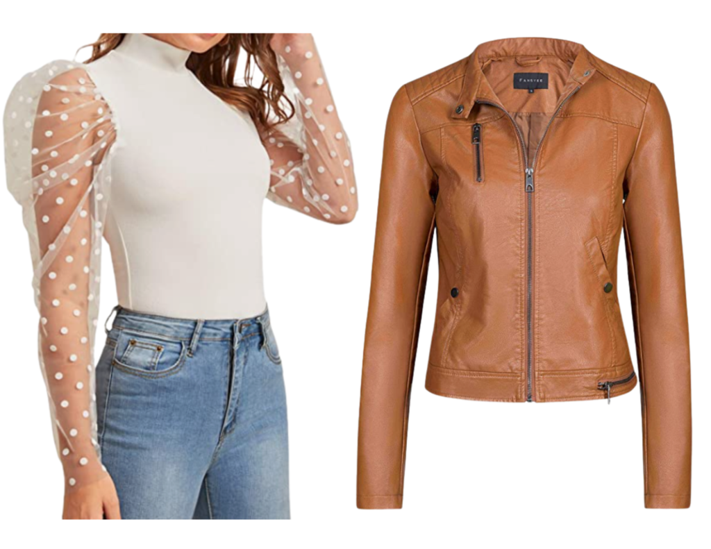Brown Leather Jacket with White Top